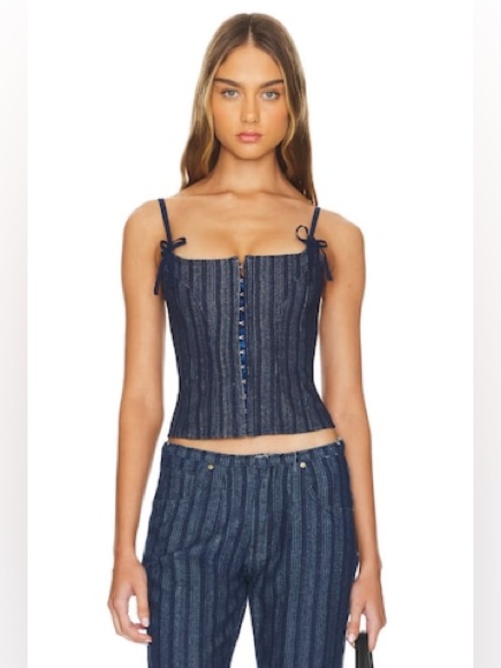 Charismatic Denim Corset in Dark Pinstripe